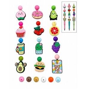 30 pc Silicone Focal Beads Set Cute Fruit Avocado donut cherry Charms pen Craft